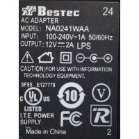 CARGADOR / ADAPTADOR DE FUENTE DE PODER BESTEC VCA-VCD /  NUMERO DE PARTE NA0241WAA / E127778 / ENTRADA VCA 100-240V~ 1A 50/60HZ / SALIDA VCD 12V 2A LPS / MODELO NA0241WAA